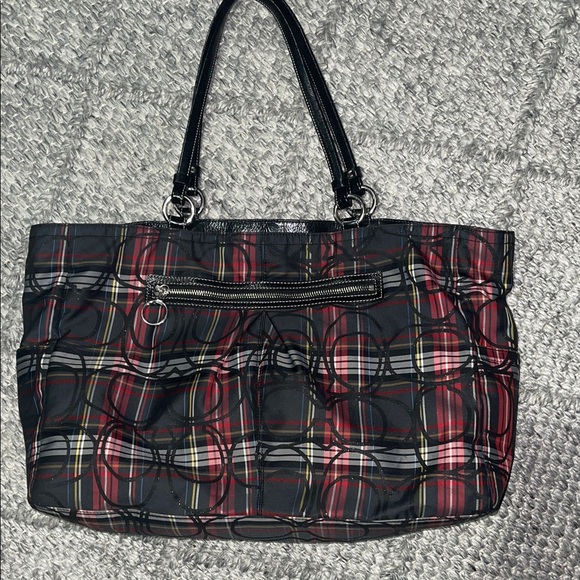 Coach Red and Black Plaid Tote - Picture 1 of 4